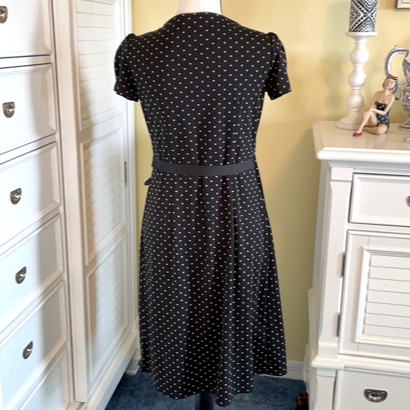 Loft Black Faux Wrap V Neck Dress with Tan Polka Dots & Black Ribbon Side Tie 2P - Picture 7 of 10